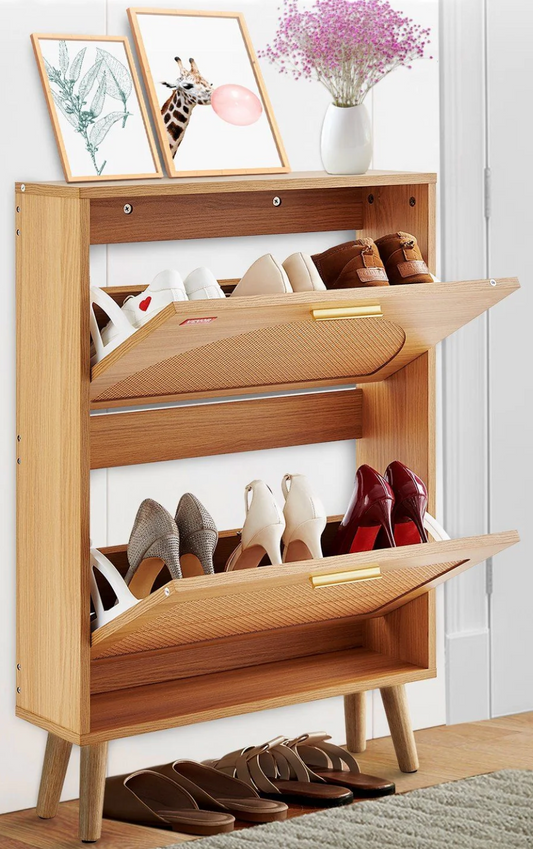 2-Drawer Flip Shoe Cabinet - Space-Saving Entryway Organizer with Rattan Doors