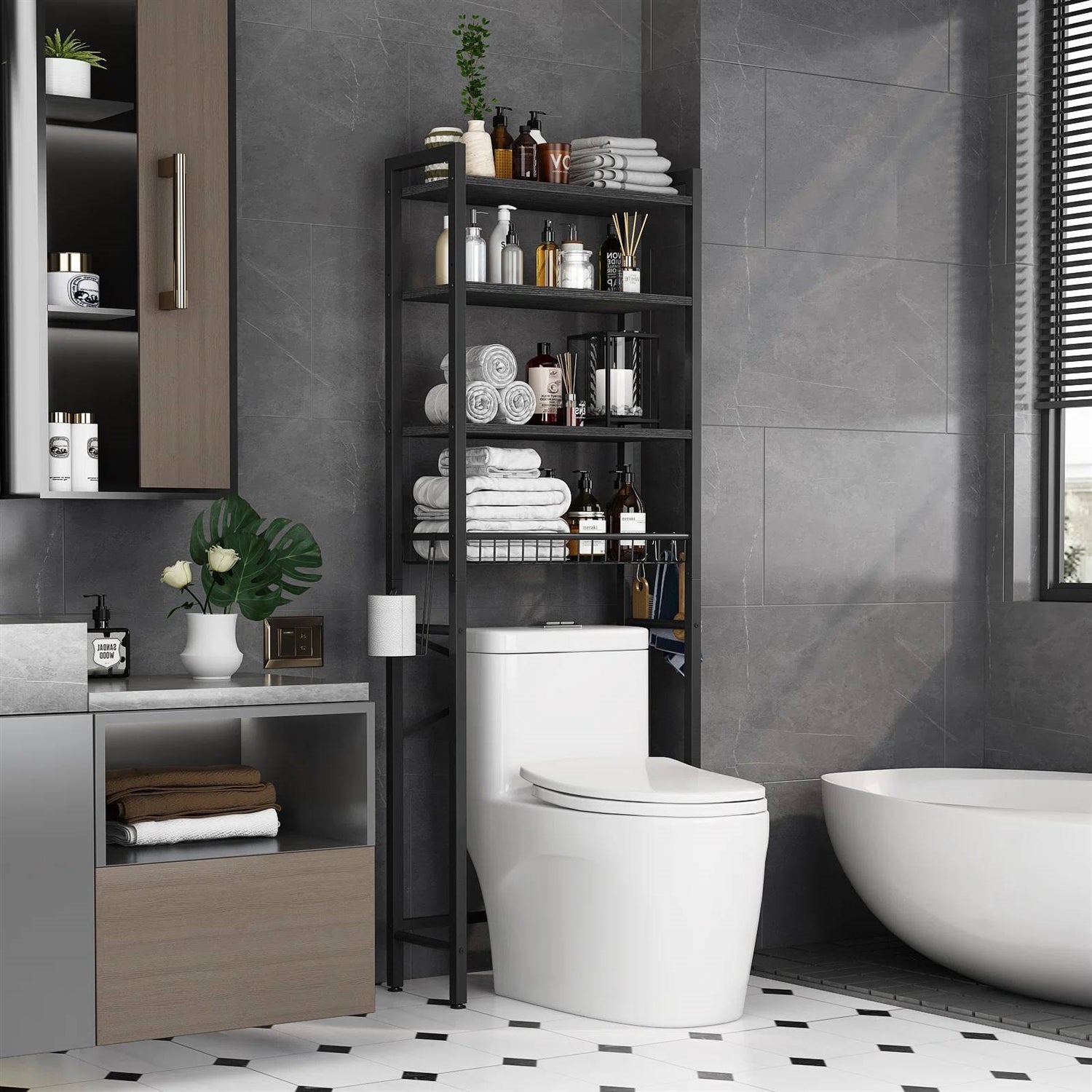 Black Over the Toilet Storage Freestanding Industrial Metal Wood Shelving Unit - Tiny Oasis Decor