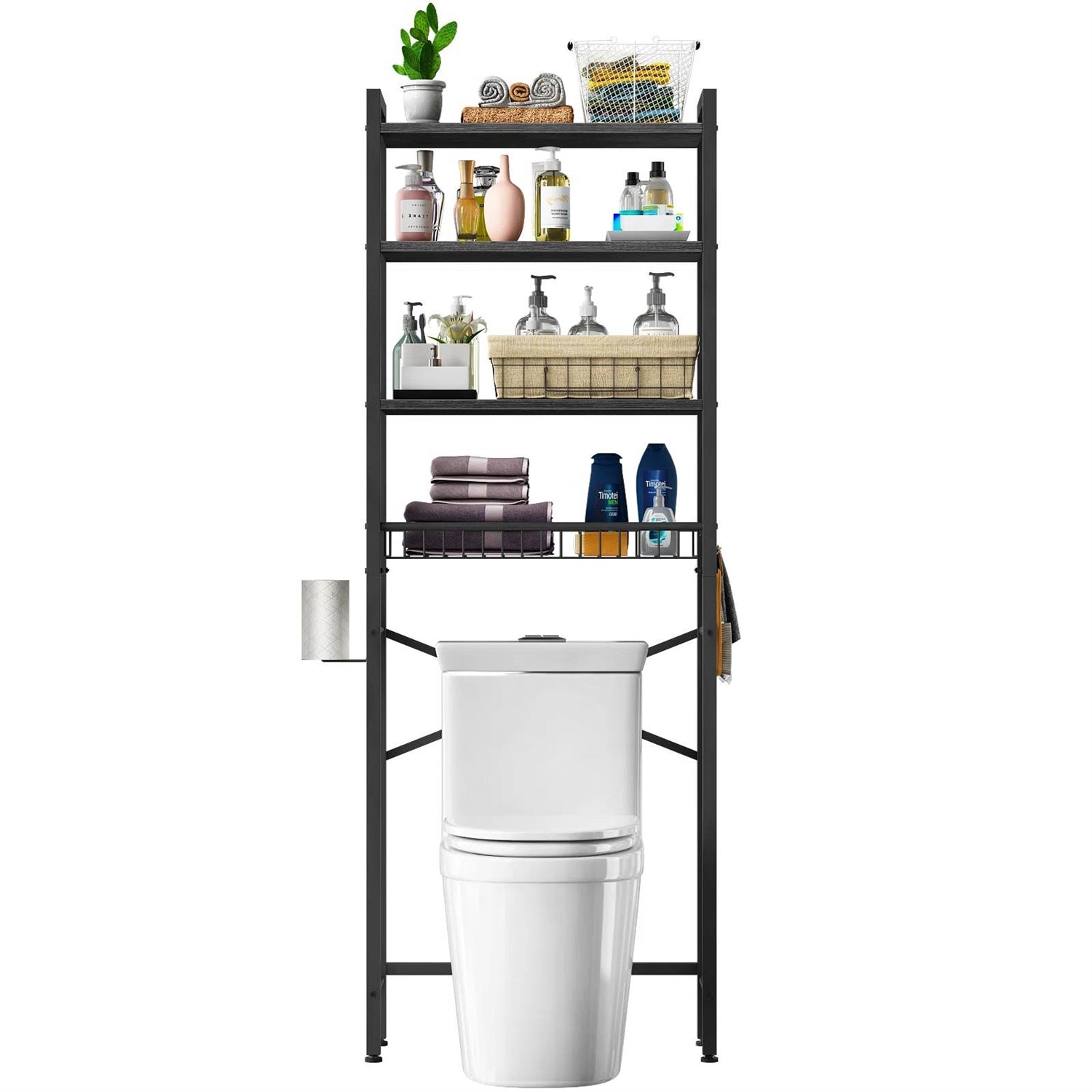 Black Over the Toilet Storage Freestanding Industrial Metal Wood Shelving Unit - Tiny Oasis Decor