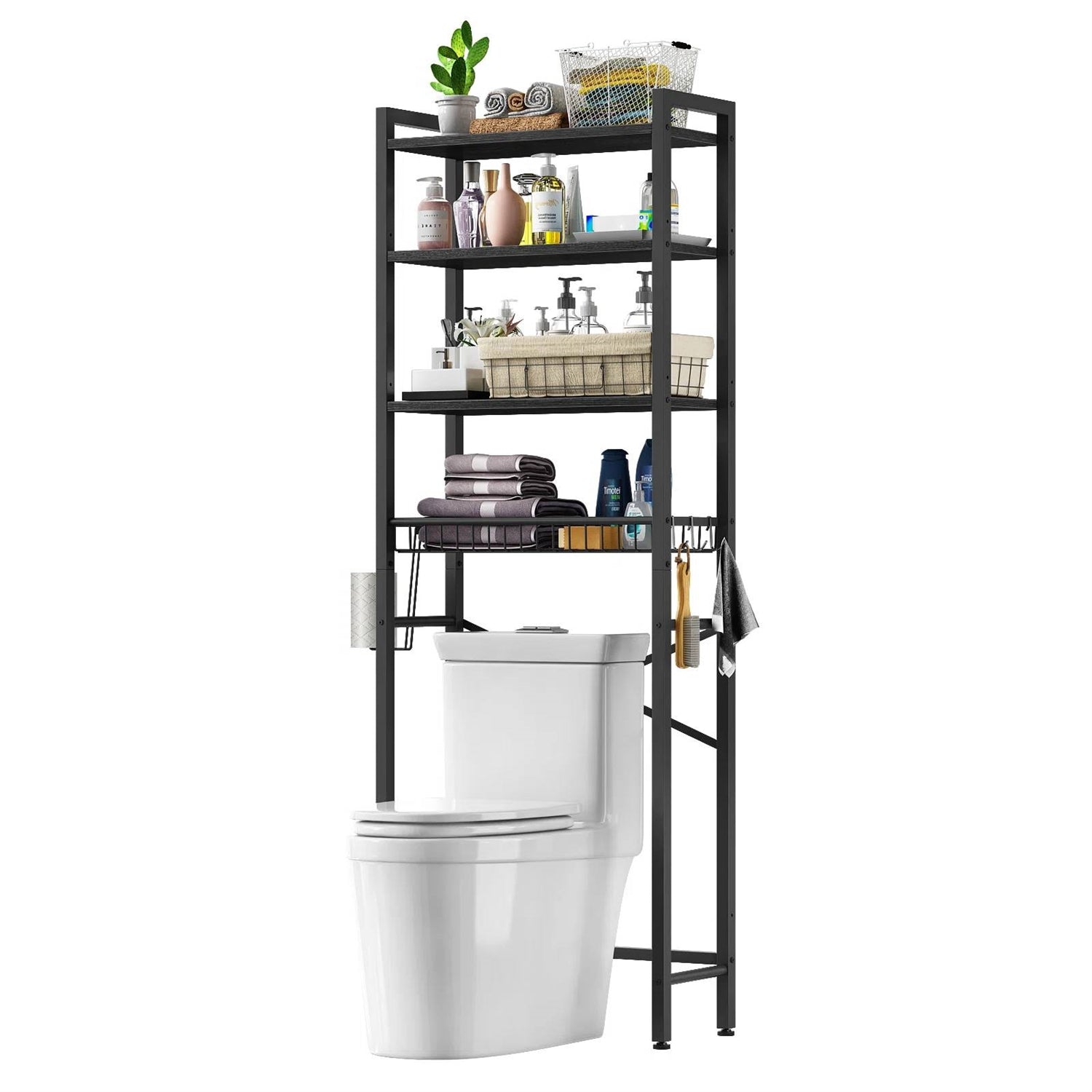 Black Over the Toilet Storage Freestanding Industrial Metal Wood Shelving Unit - Tiny Oasis Decor