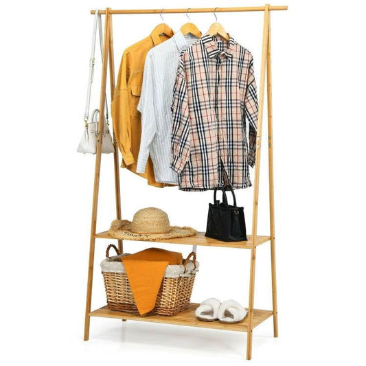 Entryway Bedroom Wood Garment Clothes Hanging Rack with 2 Bottom Storage Shelves - Tiny Oasis Decor