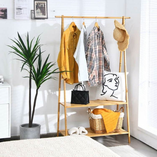 Entryway Bedroom Wood Garment Clothes Hanging Rack with 2 Bottom Storage Shelves - Tiny Oasis Decor