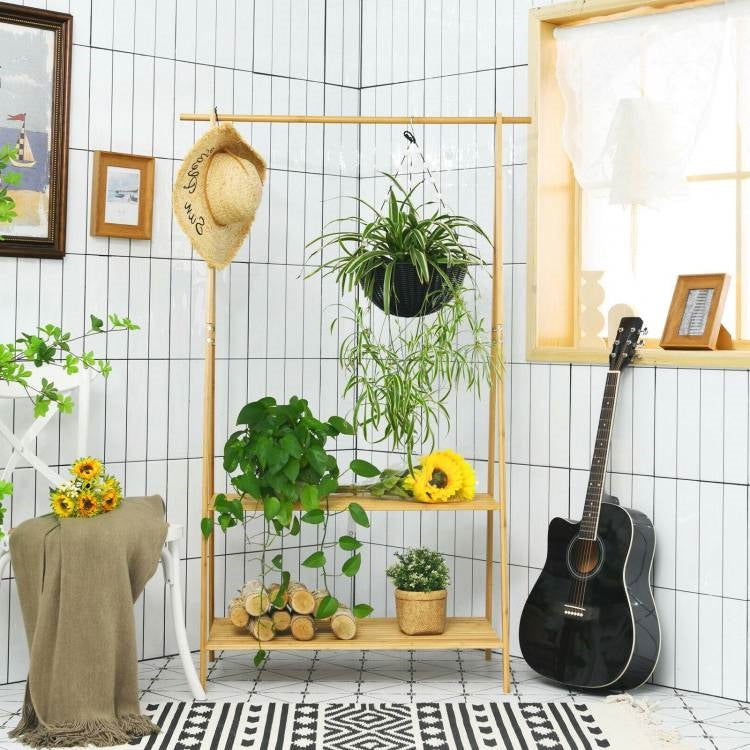 Entryway Bedroom Wood Garment Clothes Hanging Rack with 2 Bottom Storage Shelves - Tiny Oasis Decor