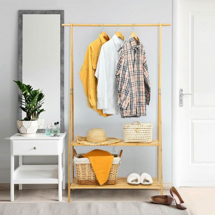 Entryway Bedroom Wood Garment Clothes Hanging Rack with 2 Bottom Storage Shelves - Tiny Oasis Decor
