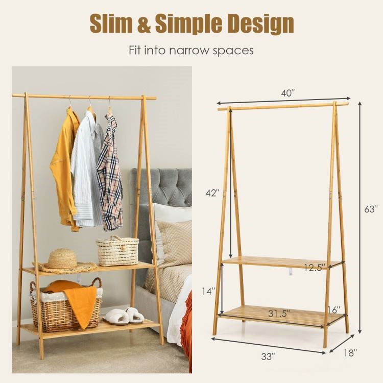 Entryway Bedroom Wood Garment Clothes Hanging Rack with 2 Bottom Storage Shelves - Tiny Oasis Decor