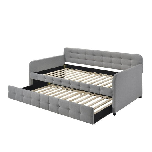 Gray Tufted Polyester Linen Twin Daybed with Trundle - Tiny Oasis Decor