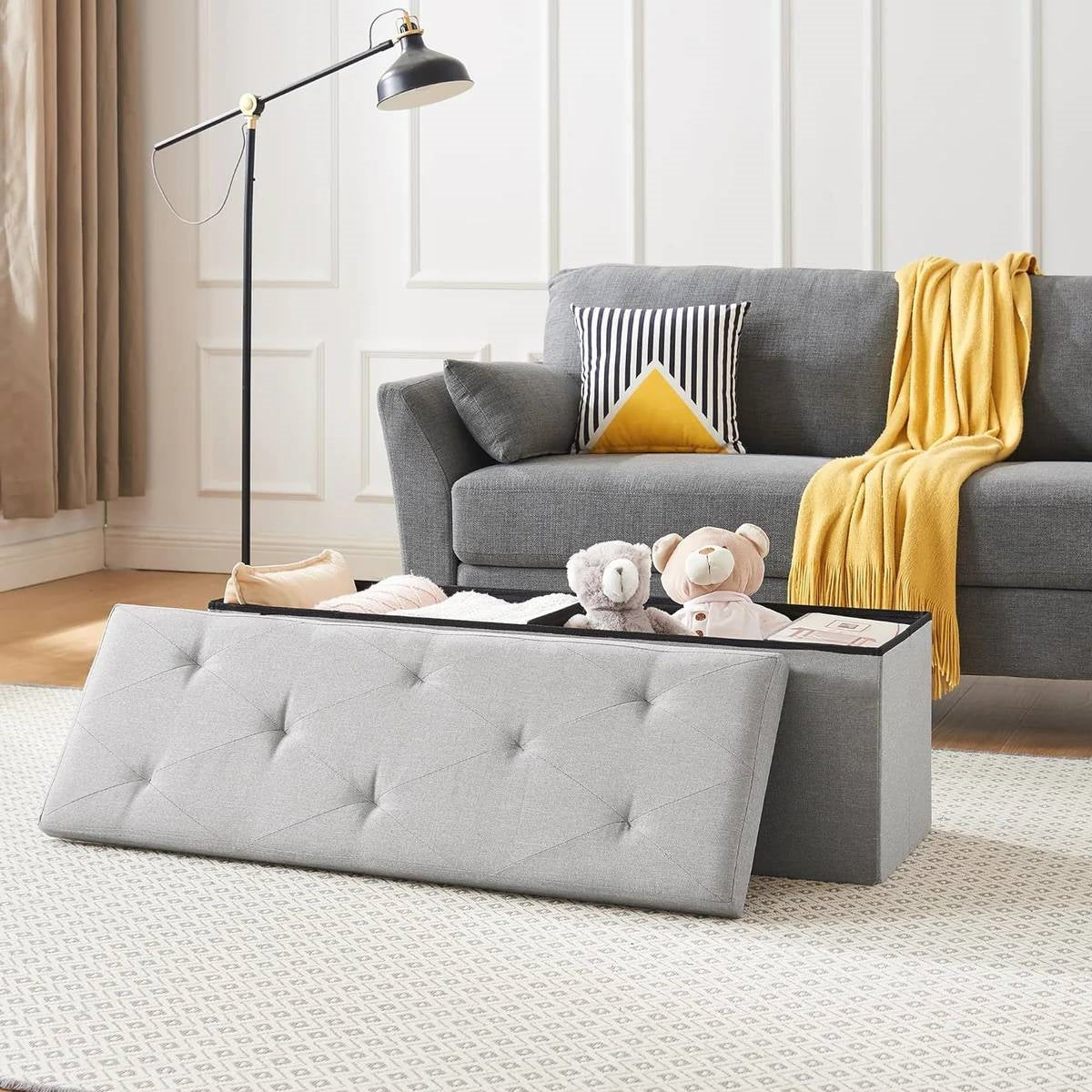Light Grey Linen Upholstered Bedroom Living Room Entryway Storage Bench Ottoman - Tiny Oasis Decor