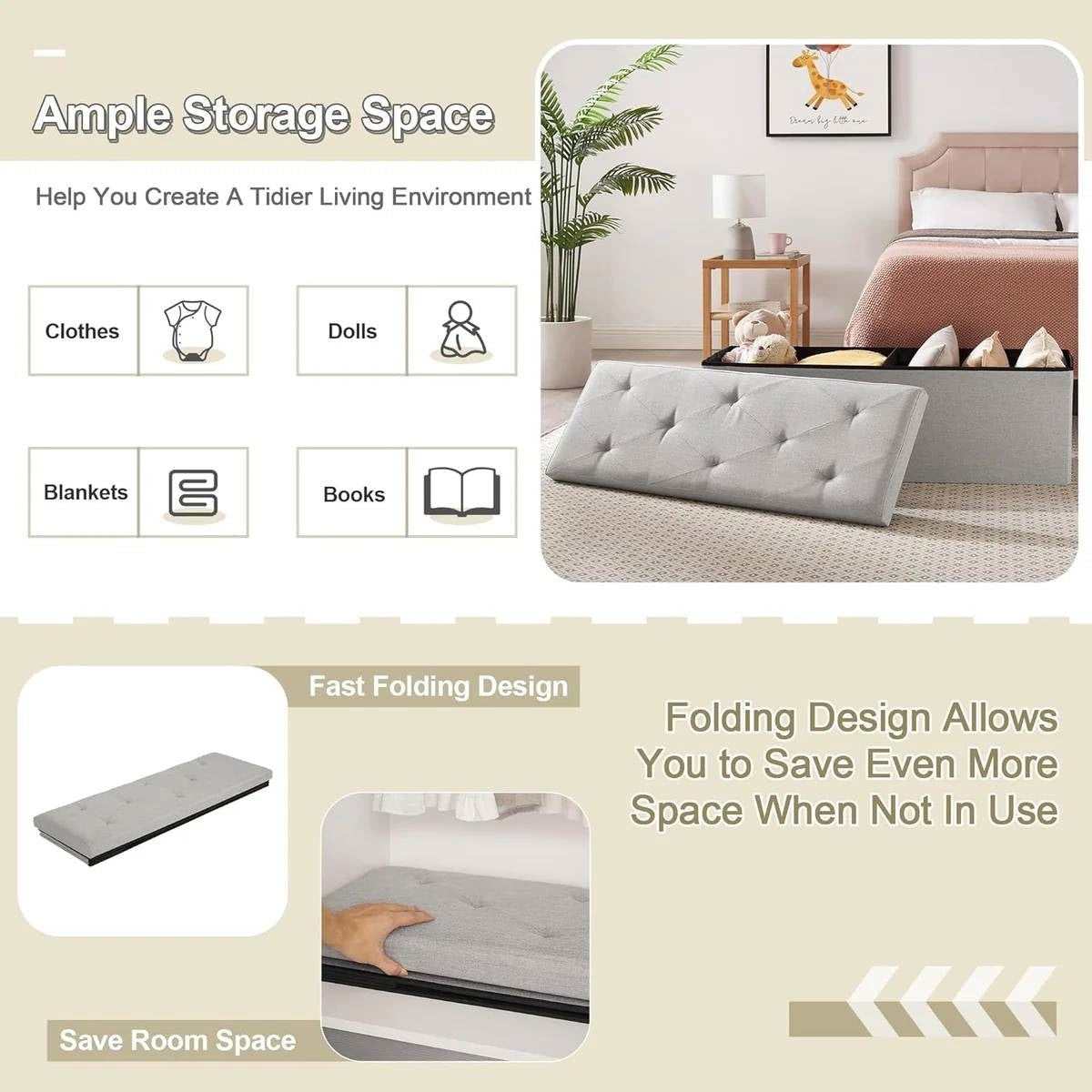 Light Grey Linen Upholstered Bedroom Living Room Entryway Storage Bench Ottoman - Tiny Oasis Decor