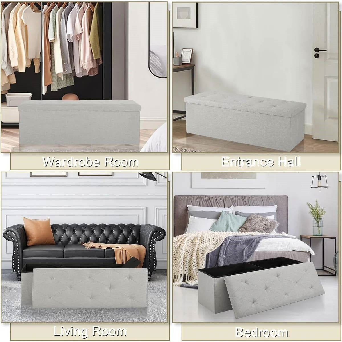 Light Grey Linen Upholstered Bedroom Living Room Entryway Storage Bench Ottoman - Tiny Oasis Decor