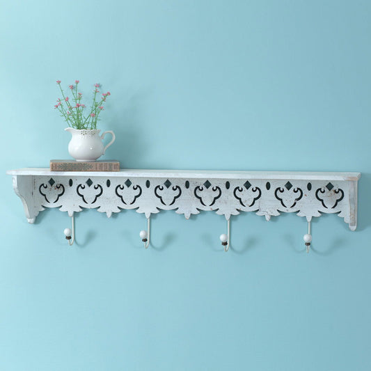 Maribelle Wood Wall Shelf with Four Hooks - Tiny Oasis Decor