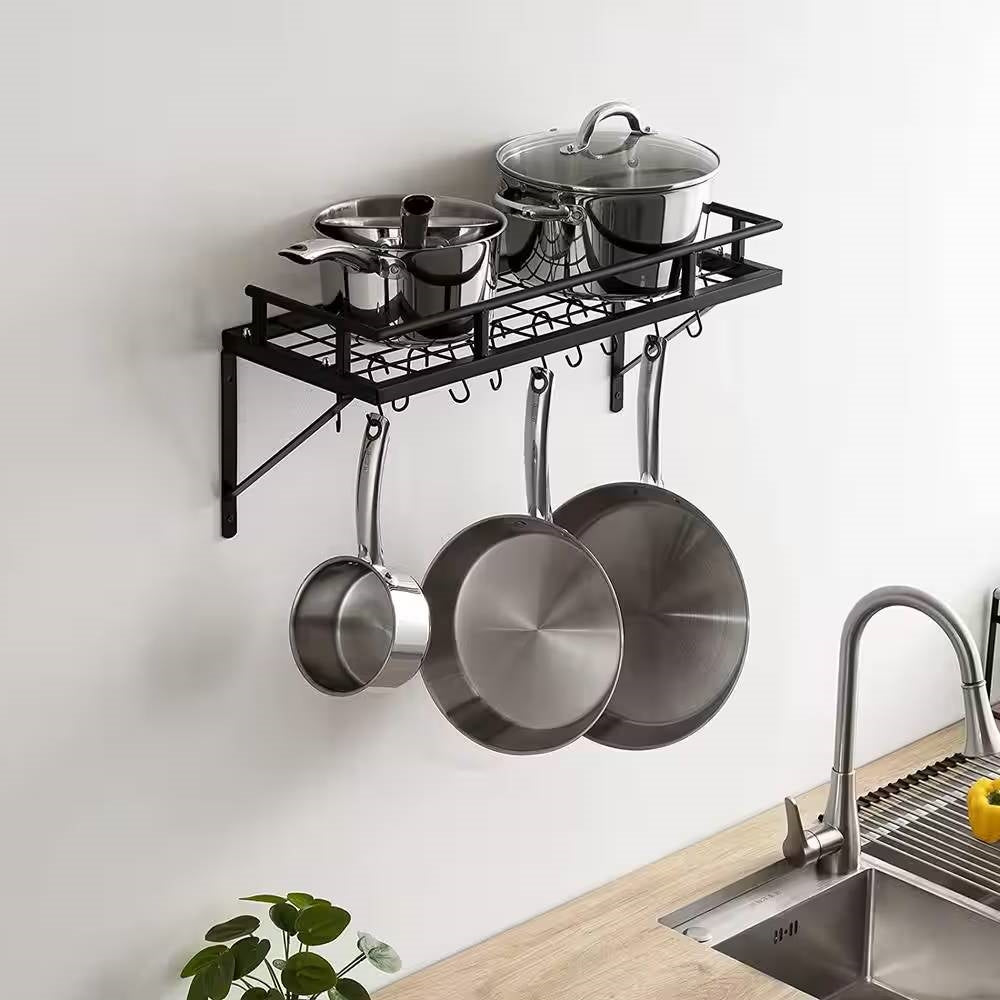 Matte Black Stainless Steel Wall Mounted Pot Rack with 10 Hanging Hooks - Tiny Oasis Decor