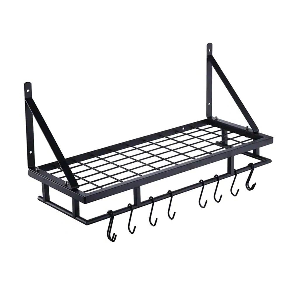 Matte Black Stainless Steel Wall Mounted Pot Rack with 10 Hanging Hooks - Tiny Oasis Decor