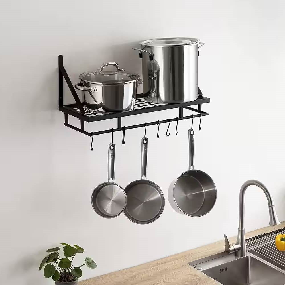 Matte Black Stainless Steel Wall Mounted Pot Rack with 10 Hanging Hooks - Tiny Oasis Decor