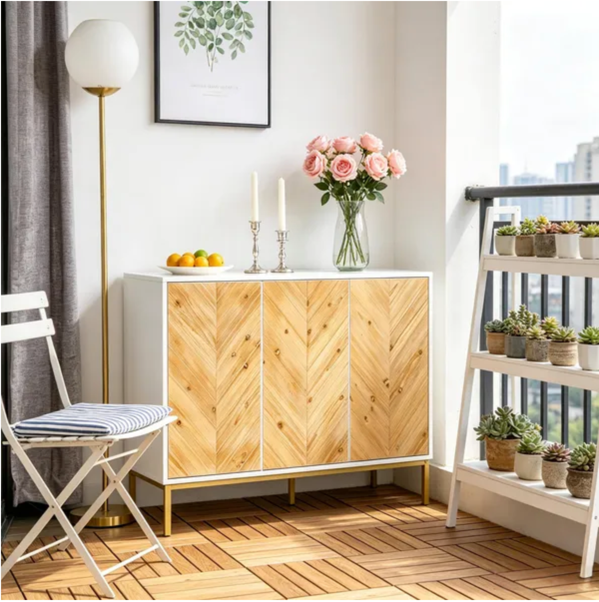3 Door Sideboard Buffet Entryway Cabinet with Adjustable Shelves and Chevron Design - Natural Wood