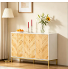 3 Door Sideboard Buffet Entryway Cabinet with Adjustable Shelves and Chevron Design - Natural Wood