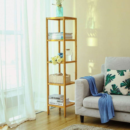 Slim 4-Shelf Natural Bamboo Wooden Shelving Unit Storage Rack Bookcase - Tiny Oasis Decor