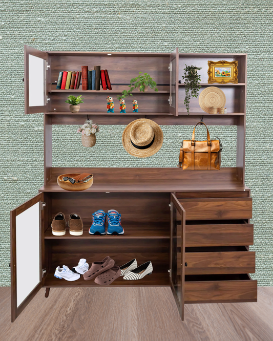 63" Hutch Storage Cabinet for Kitchen, Pantry, Buffet, Office, Entryway Organization - Walnut