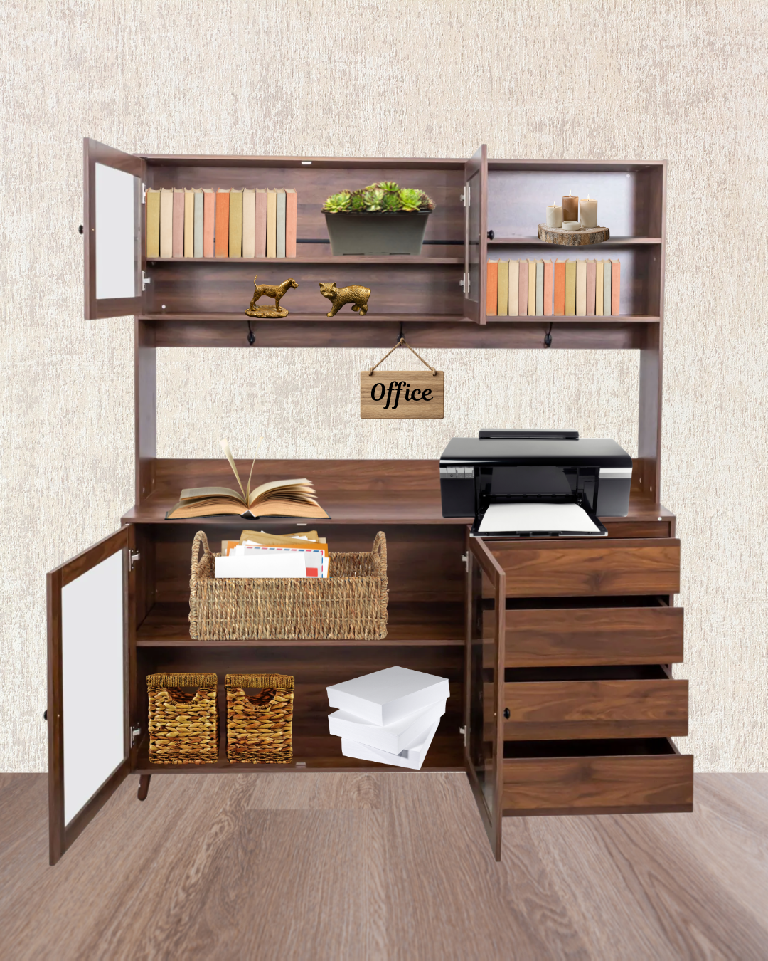 63" Hutch Storage Cabinet for Kitchen, Pantry, Buffet, Office, Entryway Organization - Walnut