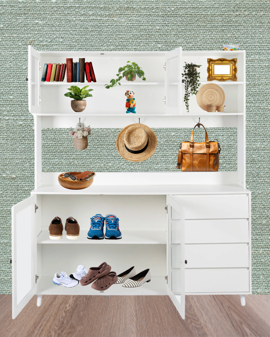 63" Hutch Storage Cabinet for Kitchen, Pantry, Buffet, Office, Entryway Organization - White