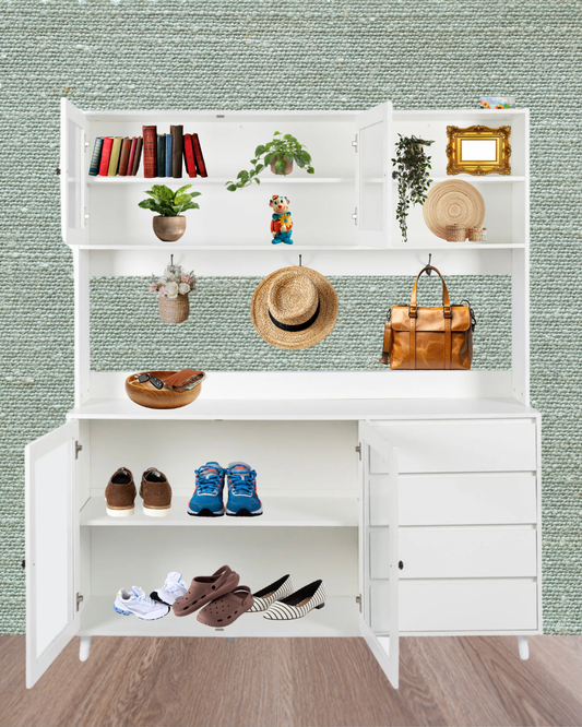 63" Hutch Storage Cabinet for Kitchen, Pantry, Buffet, Office, Entryway Organization - White