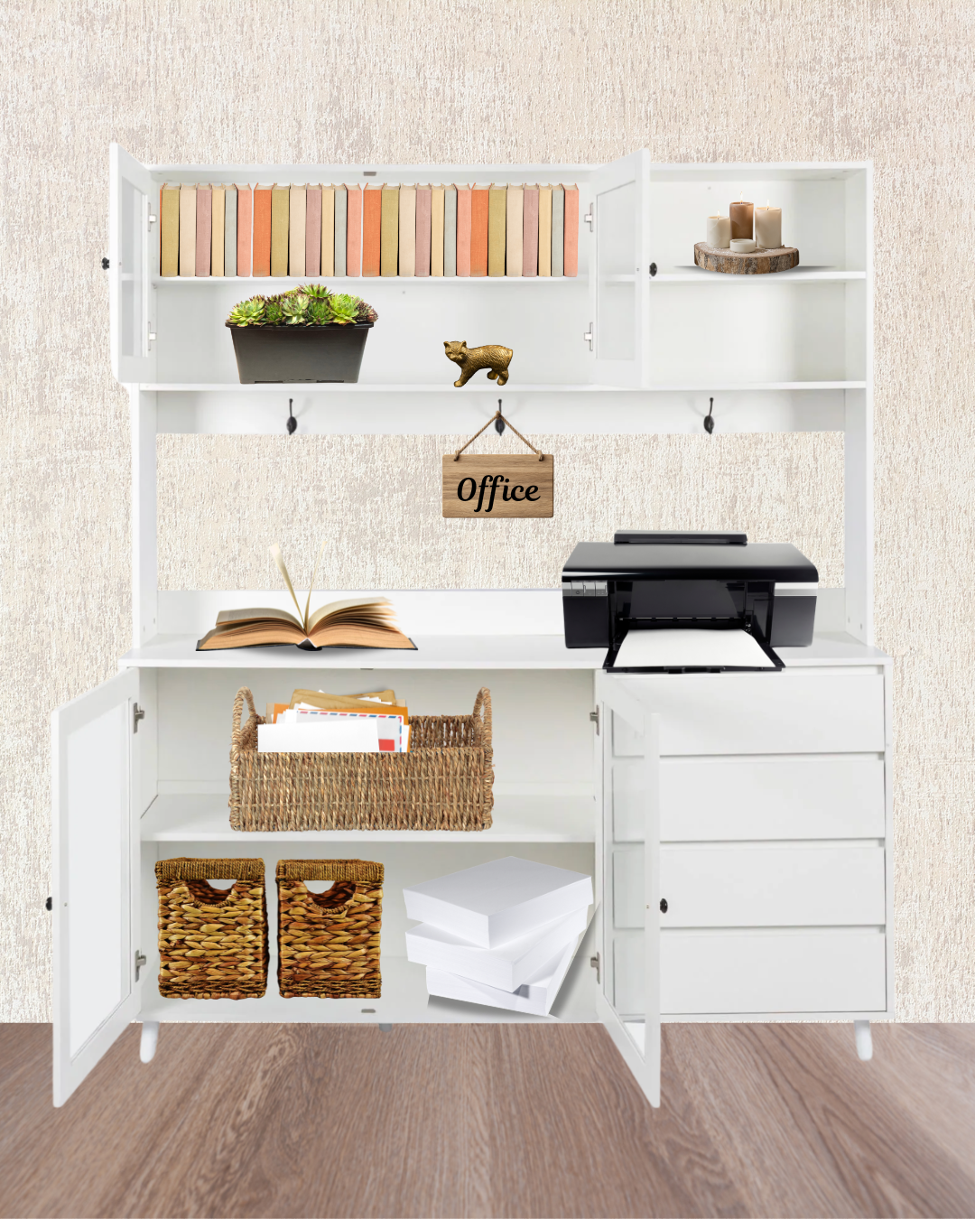 63" Hutch Storage Cabinet for Kitchen, Pantry, Buffet, Office, Entryway Organization - White