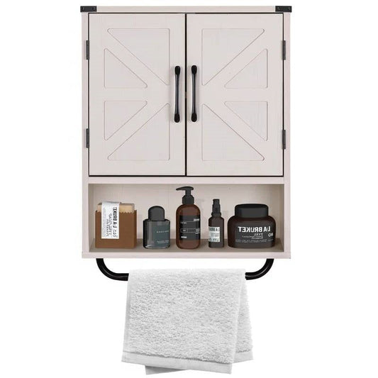 White Farmhouse Bathroom Wall Cabinet with Storage Shelf and Towel Bar - Tiny Oasis Decor