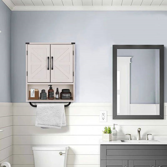 White Farmhouse Bathroom Wall Cabinet with Storage Shelf and Towel Bar - Tiny Oasis Decor