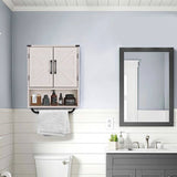 White Farmhouse Bathroom Wall Cabinet with Storage Shelf and Towel Bar - Tiny Oasis Decor