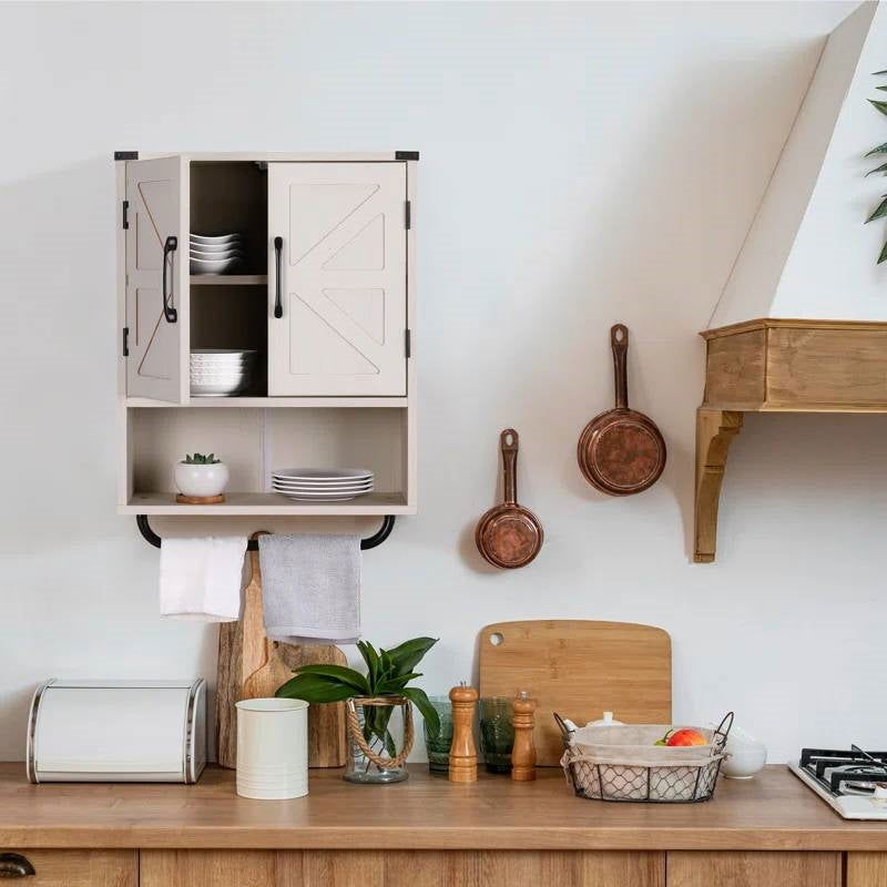 White Farmhouse Bathroom Wall Cabinet with Storage Shelf and Towel Bar - Tiny Oasis Decor