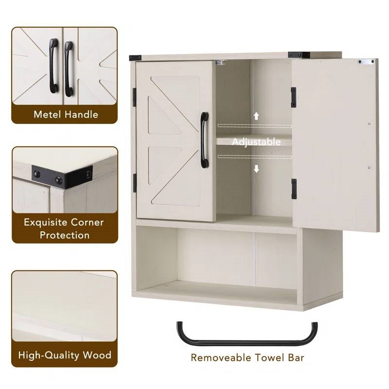 White Farmhouse Bathroom Wall Cabinet with Storage Shelf and Towel Bar - Tiny Oasis Decor