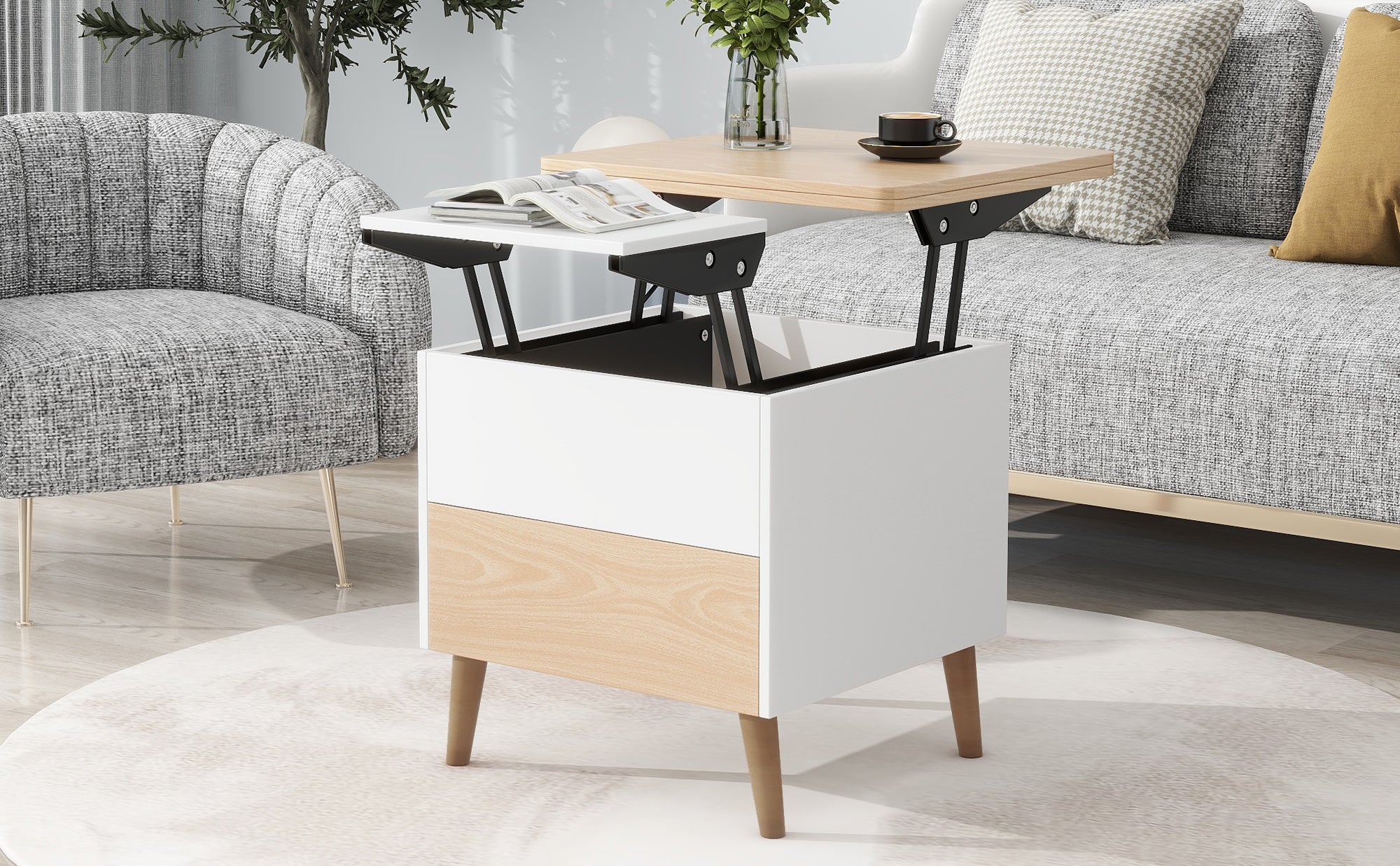 Modern Multi-functional Coffee Dining Table with Lift Top, Oak