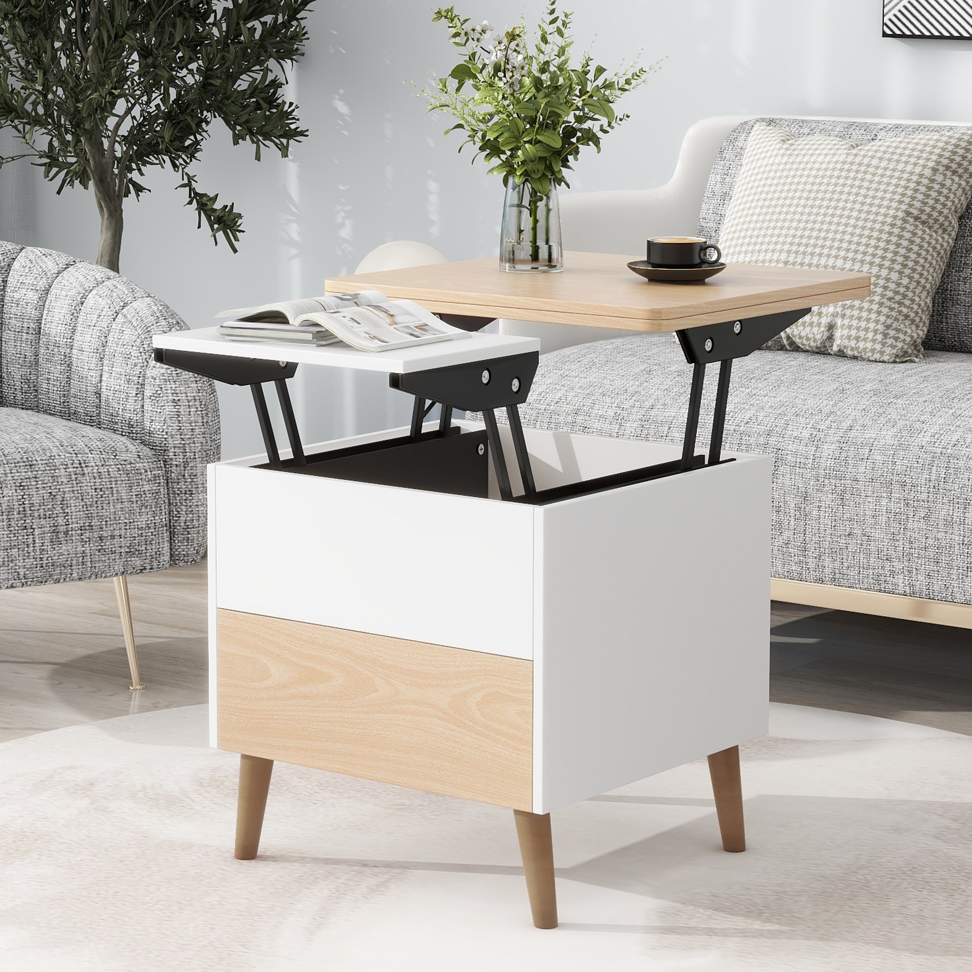 Modern Multi-functional Coffee Dining Table with Lift Top, Oak